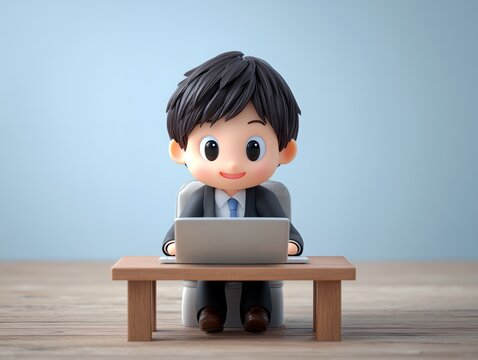 ノートパソコンを使いデスクで仕事に励む3Dキャラクターの可愛いビジネスマン