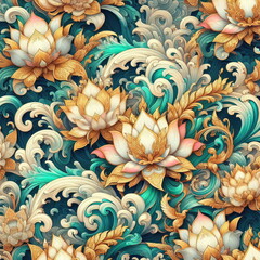 Fototapeta premium Luxurious Thai Songkran Water Festival Seamless Pattern - Elegant Gold Kanok and Aquamarine Lotus Wave