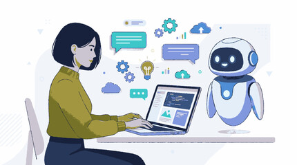 Fototapeta premium Modern vector illustration of a woman using a laptop with an ai assistant robot surrounded by colorful icons and speech bubbles
