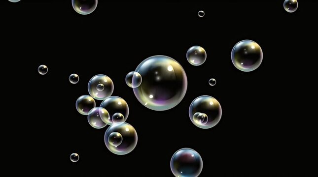 Numerous translucent soap bubbles of varying sizes gracefully float and ascend on a stark black background, showcasing delicate, iridescent surfaces and capturing subtle light reflections beautifully