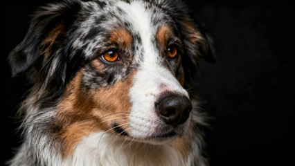 Close-up portrait of a merle Australian Shepherd dog with striking amber eyes against a dark background © Abdelati