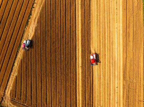 Combine harvester working on a wheat field，Aerial photos
