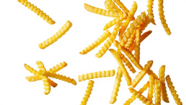 A collection of crispy golden crinkle cut french fries falling against a clean white background