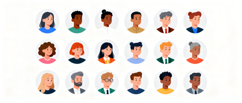 Diverse Collection of Flat Avatars Representing Men and Women of Various Ages and Ethnicities