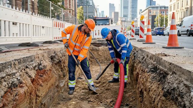 Two male construction workers digging trench in city for utility installation and maintenance, with safety equipment