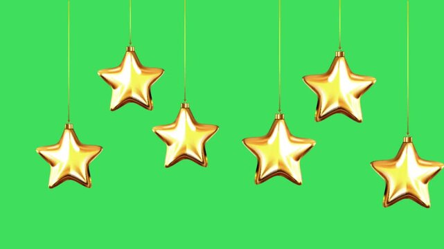Golden Christmas Stars Ornaments Hanging on Green Screen