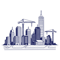 Fototapeta premium Modern Cityscape Vector Outline Illustration with Skyscrapers and Construction Cranes for Urban Development