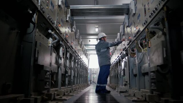 The working electrician controls the operation of the switchboard at a power plant with modern equipment