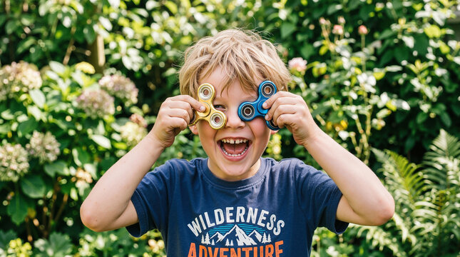 Laughing boy holding fidget spinners over his eyes in a sunny garden