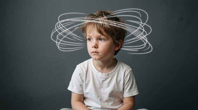 Confused child with scribbles above head showing mental overload
