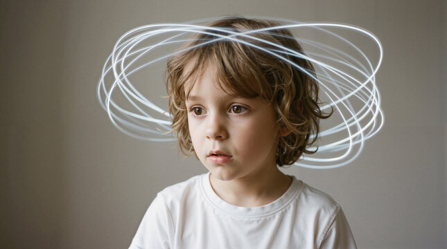 Confused child with swirling lines representing ADHD and overthinking