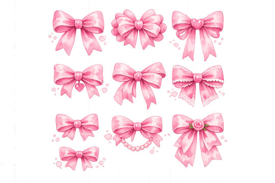 Watercolor pink ribbon bows set. Valentine day, baby shower, birthday, wedding decoration vector design