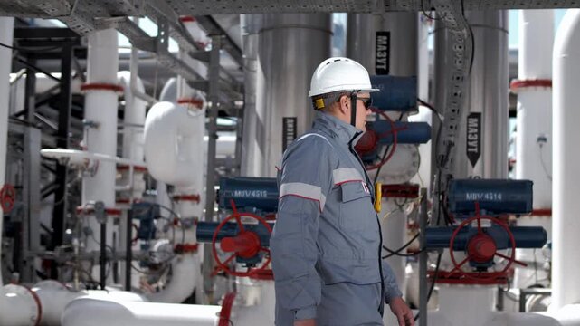 Professional oil worker checks valves and valves of the oil pipeline