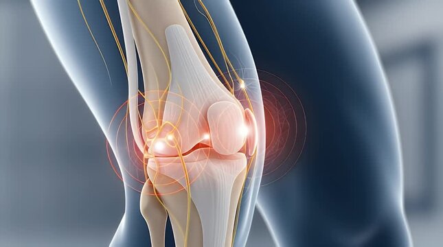 Detailed 3D anatomical illustration showcasing the human knee joint experiencing significant pain and inflammation, emphasizing nerve pathways and bone structure for medical and educational purposes