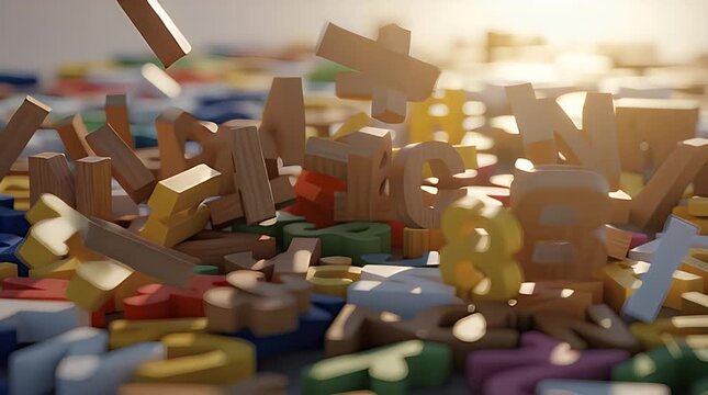 Colorful wooden alphabet letters tumbling and scattering across a brightly lit surface representing early childhood education concepts.
