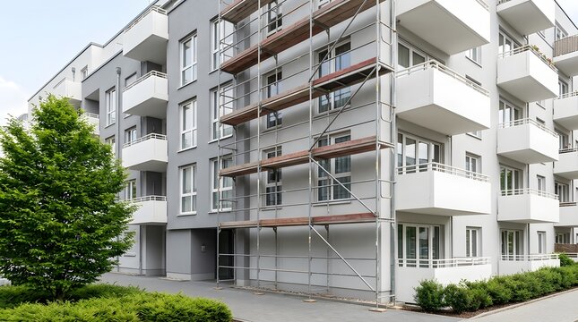 Modern Residential Building with Construction Scaffolding for Repair
