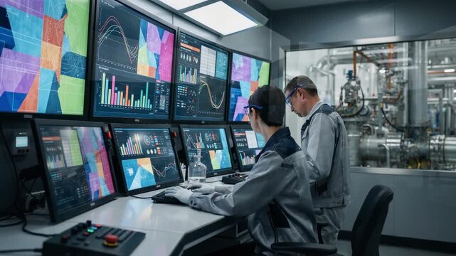 Engineers adjust emulsion polymerization settings in a hightech control room focusing on latex resin quality with vibrant digital displays reflecting critical process variables.