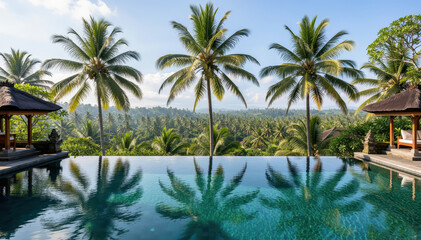 Fototapeta premium Tropical Serenity: Captivating scenery of a serene pool reflecting palm trees against lush green foliage, a perfect escape for relaxation and contemplation.