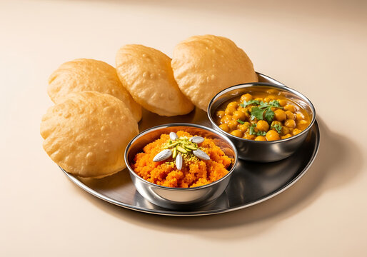 Delicious halwa puri chana platter with deep fried golden puris, orange semolina dessert topped with nuts, and spicy chickpea masala, popular Pakistani and North Indian morning breakfast.