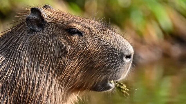 Close-up shot of a capybara calmly chewing food in a natural outdoor environment, with soft background blur highlighting its facial features and relaxed behavior.