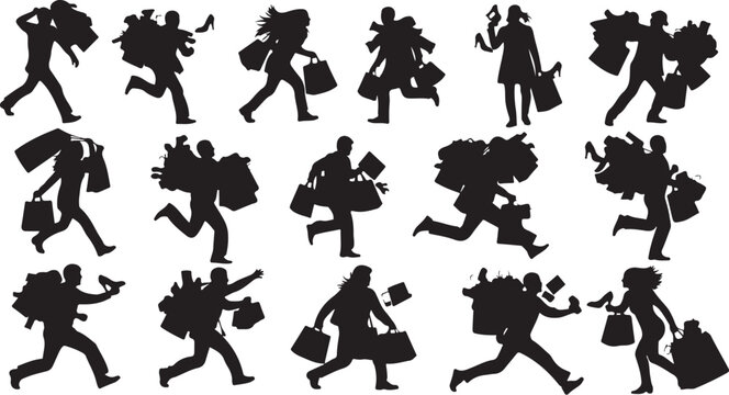 Busy people running with luggage and bags in silhouette