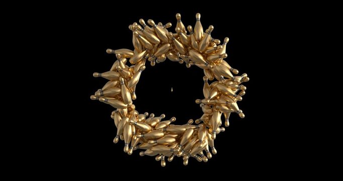 Stylized 3D gold bowling pins arranged in a circular ring formation with smooth looping motion. Ideal for sports visuals, bowling themes, logo reveals, and motion graphics projects. 4K UHD with alpha 