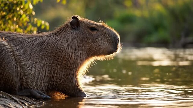A calm capybara sits partially submerged in shallow water, enjoying a peaceful moment in a natural riverside setting during warm golden-hour lighting.