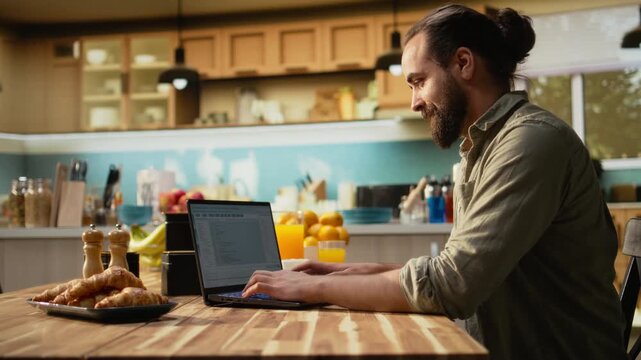 Adult programmer, developing web code, software systems on laptop, coding and debugging for data analysis, UX processes and global network connectivity, remote work in technology.