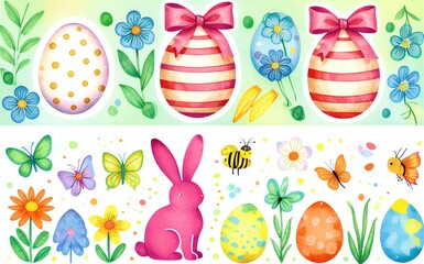 Fototapeta premium Easter eggs bunny butterflies bees in a colorful spring scene.