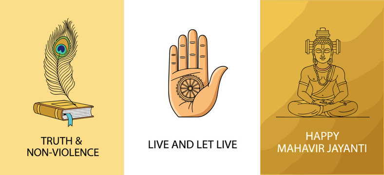 Happy Mahavir Jayanti Banner Set with Lord Mahavira and Ahimsa Hand Symbol in Flat Illustration Style