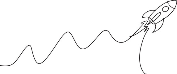 Continuous one line drawing of rocket ship launch. One line drawing illustration of rocket. One line draw graphic design vector © Hossen