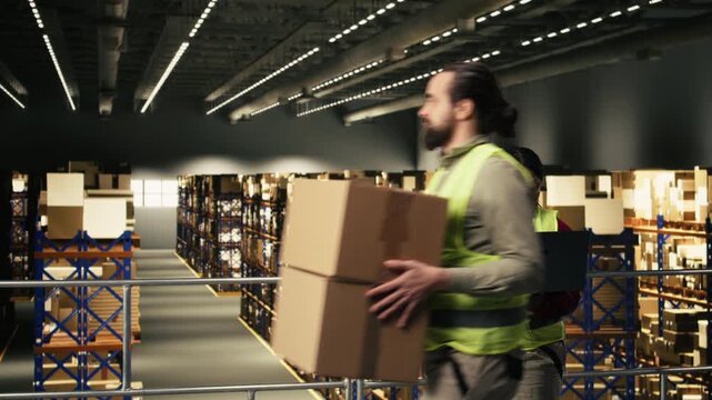 Black staff member, monitoring tracking numbers, laptop in warehouse, standing on a platform and ensuring express delivery for order fulfillment. AWB details for e-commerce operations.