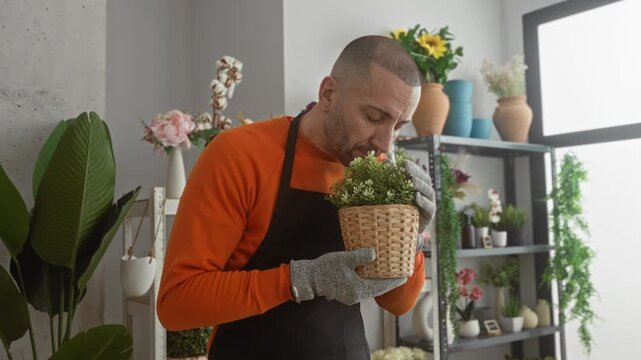 Man florist in apron holding potted plant to nose with gloved hands smells it in building; quiet contentment.
