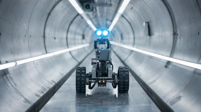 Medium shot of a robotic crawler smoothly navigating a straight pipeline showcasing automated inspection technology in industrial maintenance.