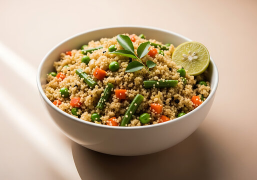 Nutritious vegetable semolina upma breakfast bowl garnished with fresh peas, carrots, green beans curry leaves, and a slice of lemon on a minimalist background healthy traditional south Indian morning