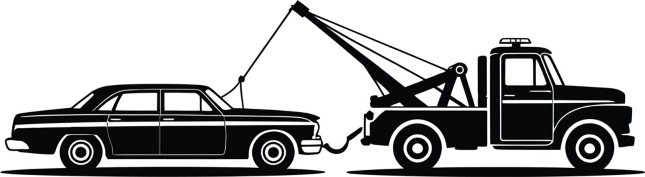 Tow truck roadside assistance illustration, towing vehicle lifting damaged car for emergency breakdown help, auto recovery service and transportation support branding.