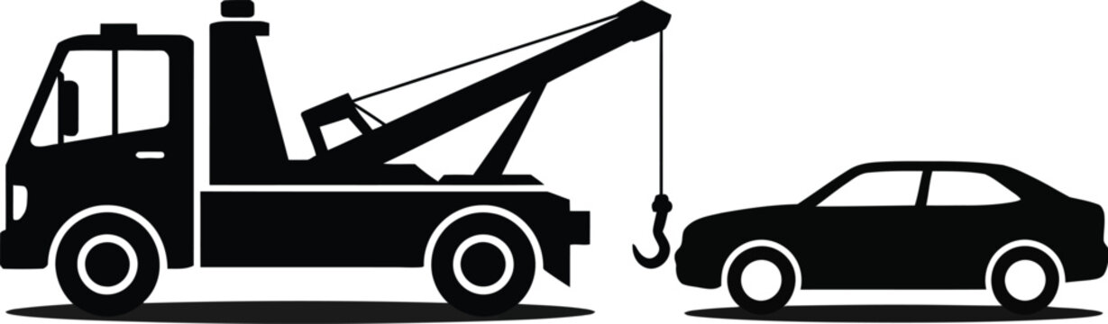 Tow truck recovery illustration, emergency roadside assistance vehicle lifting broken car for auto repair service and transportation support company branding