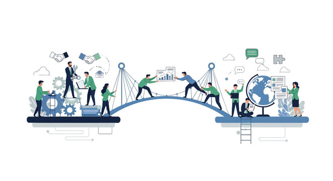 Vector illustration of business people building a bridge with teamwork and collaboration concept