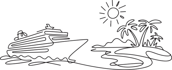 Single continuous one line art ocean travel vacation. Sea voyage holiday tropical island ship liner cruise journey concept. One line draw graphic design vector © Hossen