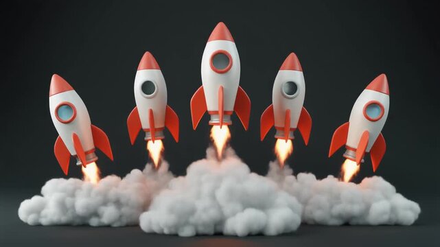 Five stylized rockets launching with flames and smoke, symbolizing space exploration, teamwork, and innovation.