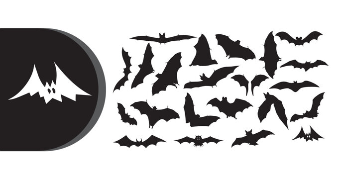 A collection of black bat silhouettes flying against a white background with a black and white logo