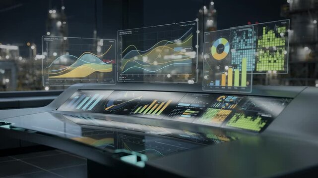 Medium shot focusing on a sleek dashboard displaying realtime predictive charts and analytics for automated crude slate blending and yield forecasting.