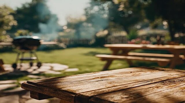 Sunlit wooden picnic table with a smoking grill in the background