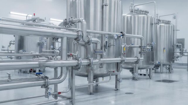 Medium shot focusing on seamless dedicated piping and tanks designed for ultraclean pharmaceutical ethanol production highlighting gleaming surfaces and strict hygiene measures.