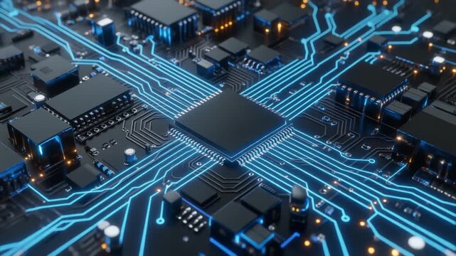 Close-up glowing CPU on motherboard with blue data pathways, symbolizing advanced electronics, computing, and digital technology.