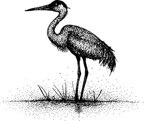 Fototapeta premium Elegant crane standing in water: black and white stippling art for vintage design projects