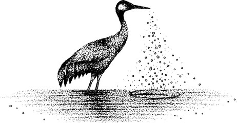 Fototapeta premium Black and white stipple art of crane standing in water for nature-inspired design