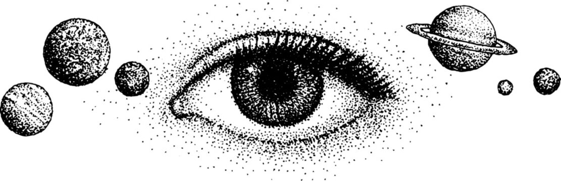 Cosmic eye with planetary surrounding in black and white stippling art - ideal for posters and design