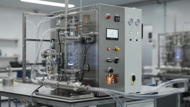 Medium shot of a closedloop solvent purification unit beginning startup sequence showcasing sensor panels and automated control systems initializing solvent recycling process.