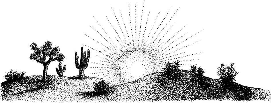 Black and white desert landscape with ornamental sun rays for artistic design